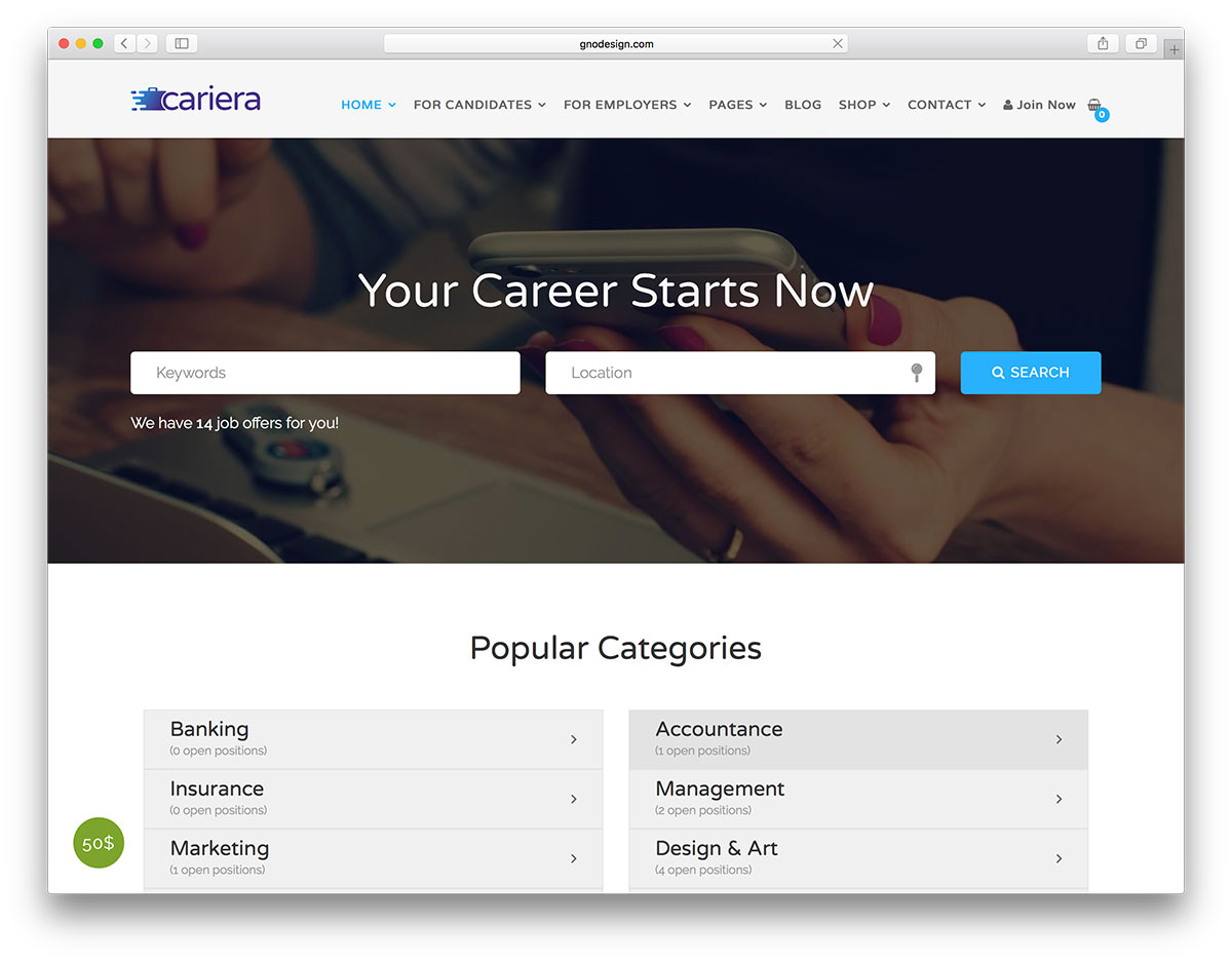 Cariera - job search engine built using WordPress